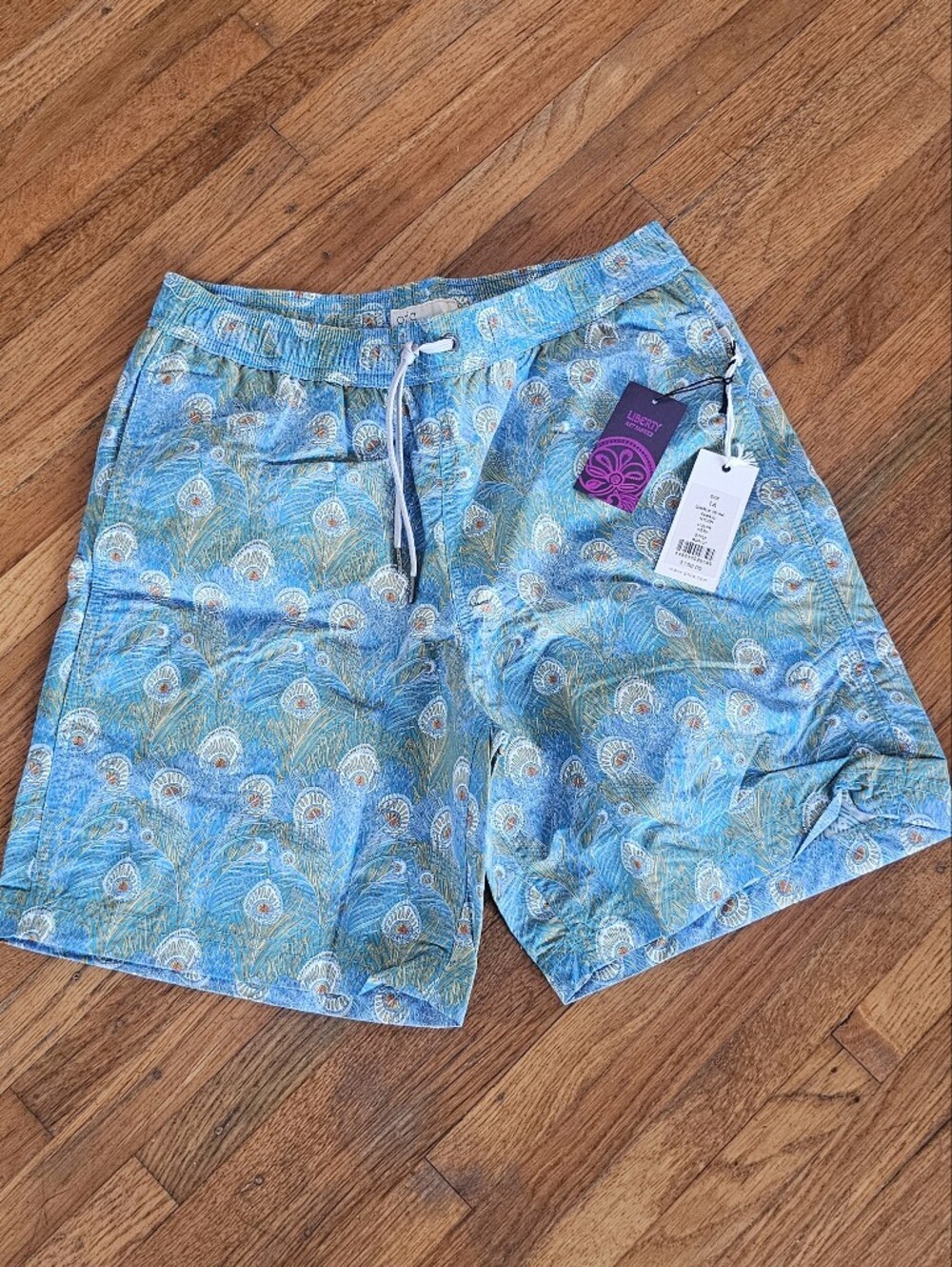 NWT Boys Onia Liberty Art Blue Peacock-Print Swim Trunks Size 14